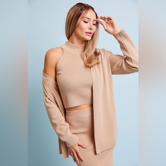 NWOT Three Piece Turtleneck Skirt and Cardigan Set in Mocha - Picture 2 of 3